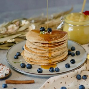 A stack of fluffy Vegan Banana Pancakes