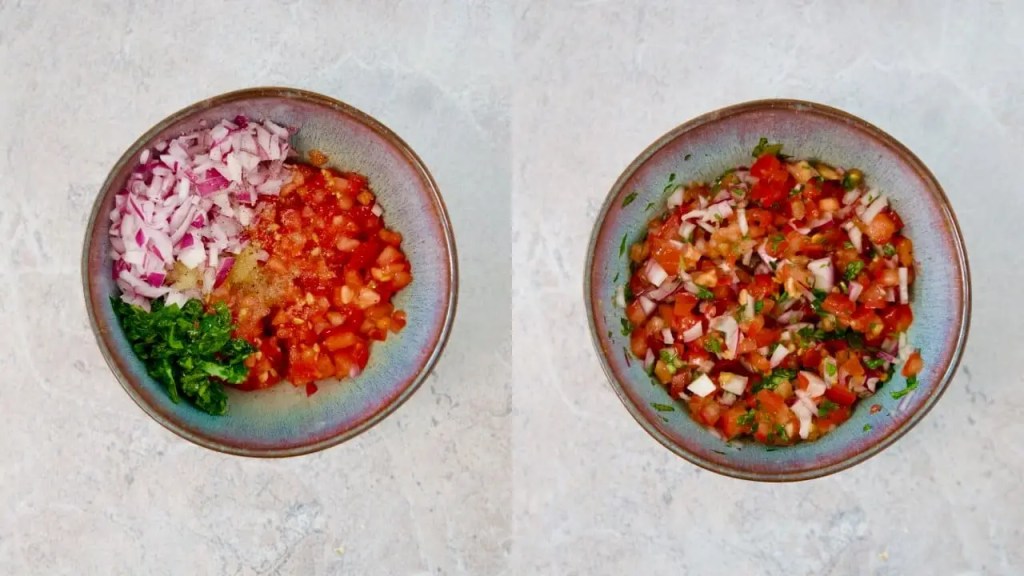 Bruschetta being mixed up in a bowl