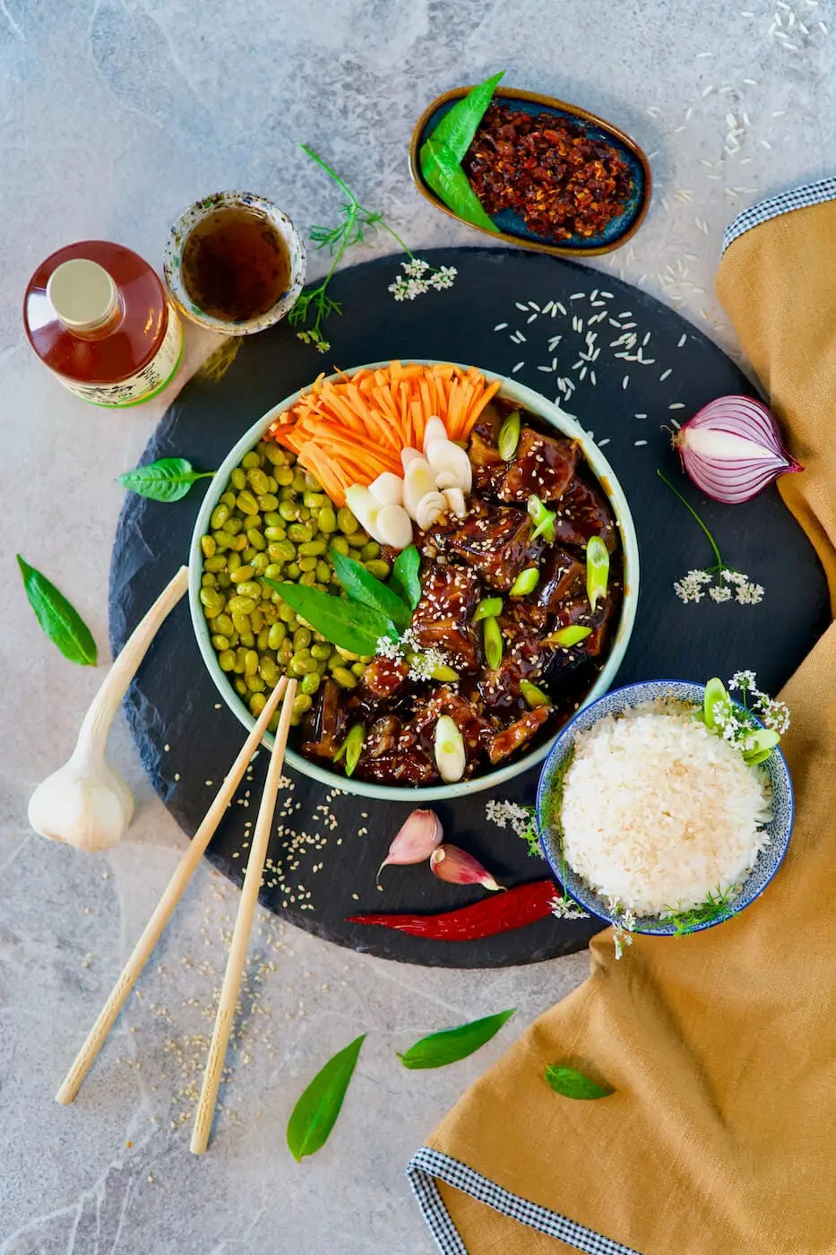 Sticky Chinese eggplant with sauce and rice