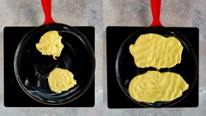 Vegan Garlic Naan bread being spread onto a pan