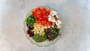 Ingredients for noodle salad, ready to be mixed