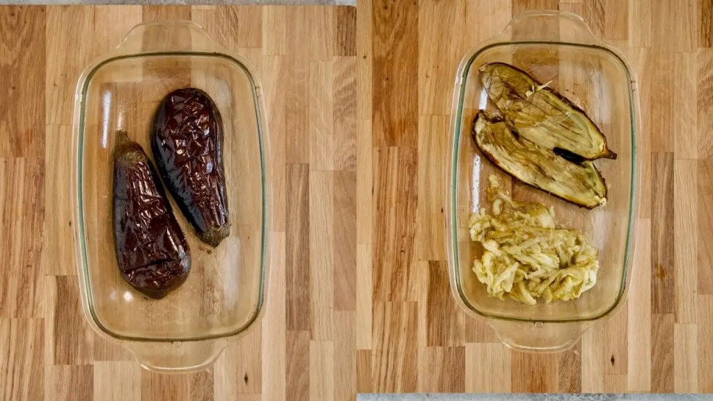 Roasted eggplant scraped out with a spoon for Vegan Baba Ganoush
