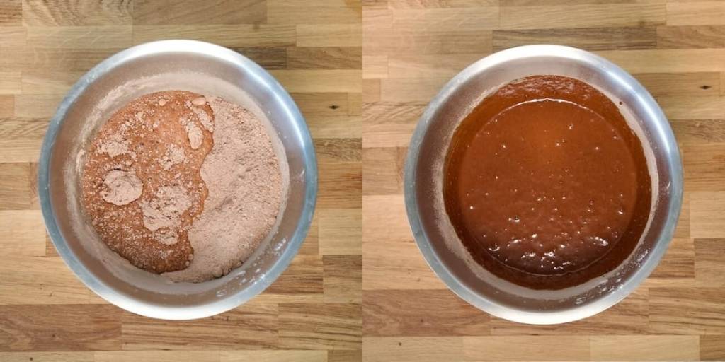 mixing the dry with the wet ingredients for Vegan Hazelnut-Speculoos Cake