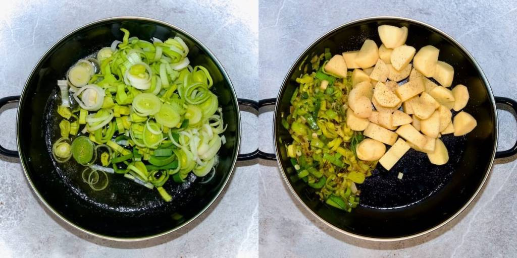 potatoes and leek in a pot for potato leak soup