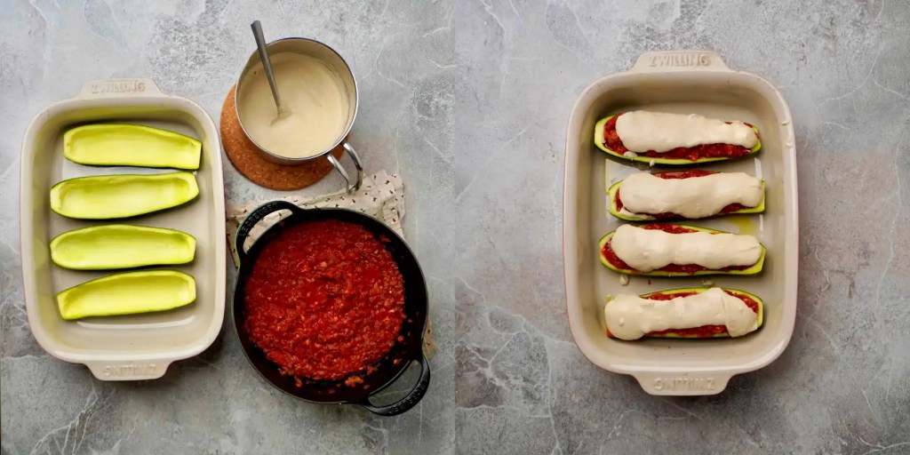 Baked Zucchini Boats prepared to bake