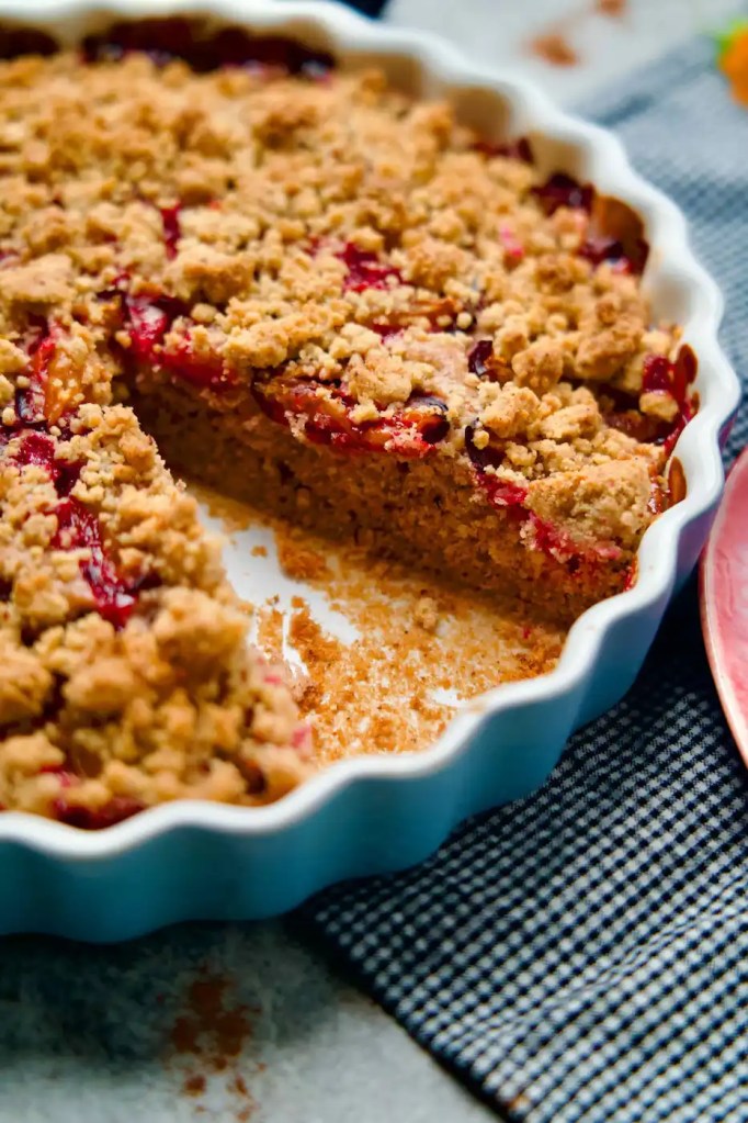 Close up of plum crumble cake