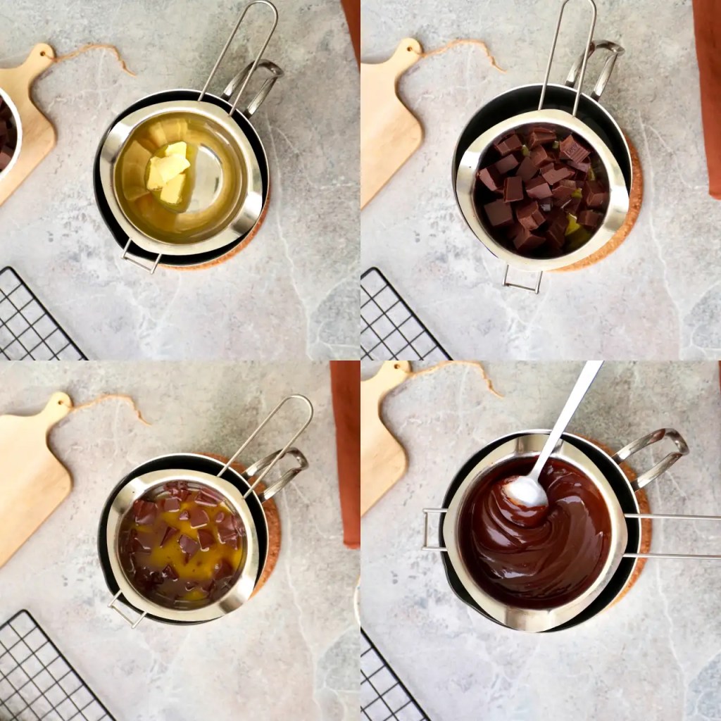 Four-panel collage showing chocolate melting steps: butter melting, then dark chocolate cubes melting, then mixture with caramel, then smooth melted chocolate being stirred with a spoon.