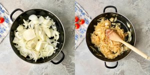 Pot with sliced onions ready to sauté in a black pot on a marble surface, with a floral cloth nearby.